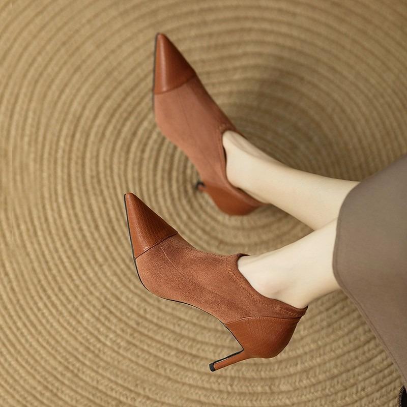 Fashion Coffee Splicing Thin Heel Short Boots for Women Spring Autumn Sexy Stiletto Heel Pointed Toe Bare Boots Female Ankle Boots Shoes