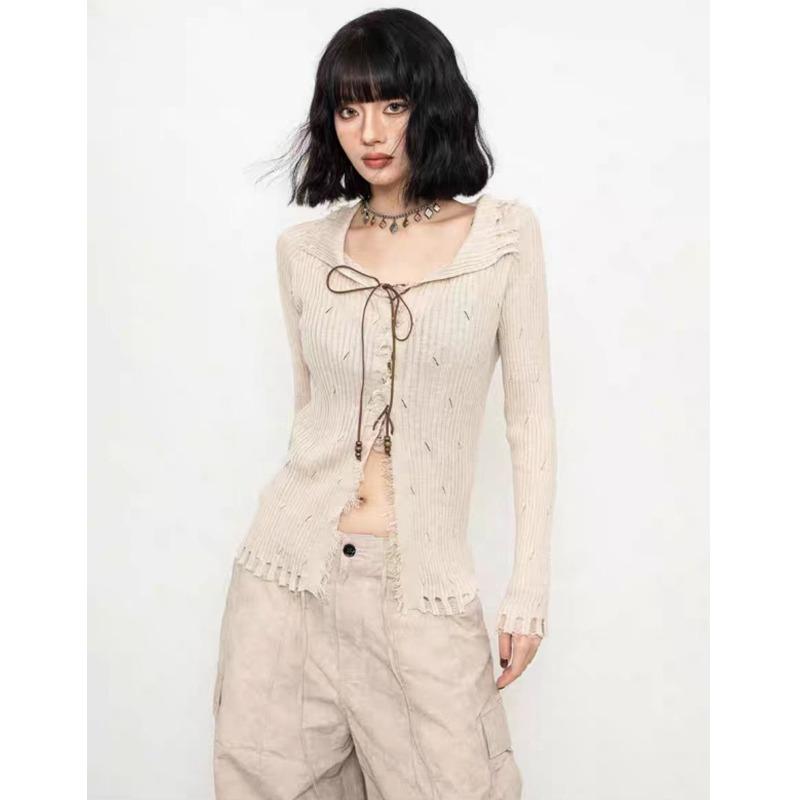 2025 Elegant Women Long Sleeve Pullover Sexy Sweater Korean Style Fashion Slim Fit Knitted Top Lace-up Autumn Solid Knitwear Clothiing