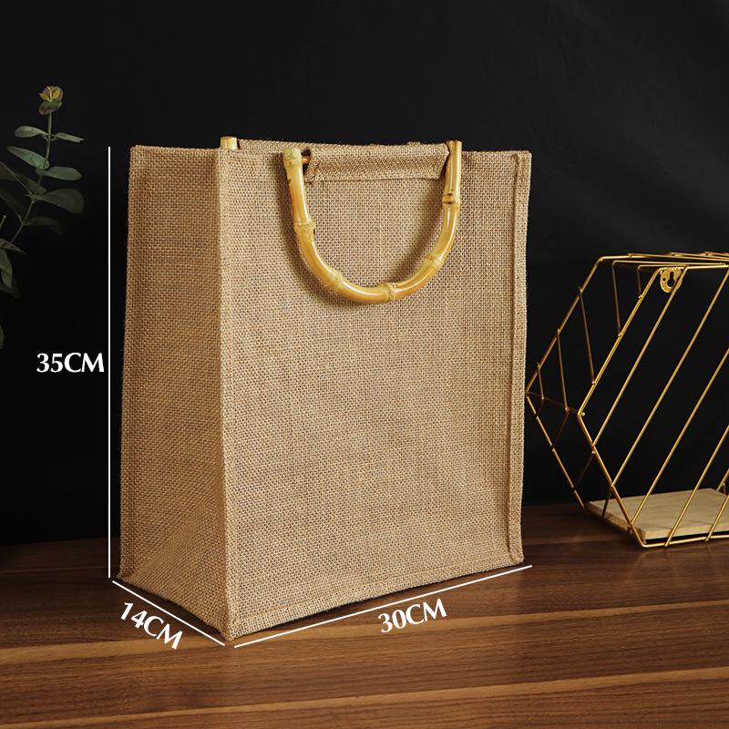 Bamboo Handle Jute Tote Bag - Retro Burlap Shopping & Gift Bag for Tea Storage