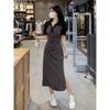 Design Sense Polo Neck Short Sleeve Dress Women's Summer Large Size Pleated Waist Skinny Split Dress