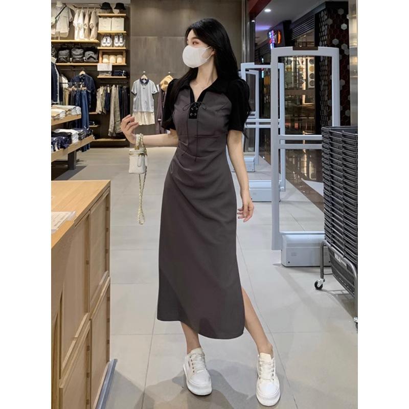 Design Sense Polo Neck Short Sleeve Dress Women's Summer Large Size Pleated Waist Skinny Split Dress