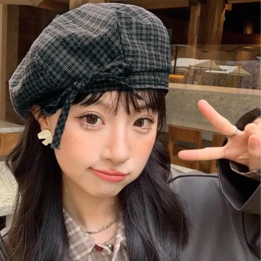 Japanese Retro Plaid Beret Children's New Literary and Versatile Painter Hat Strap Bow Pumpkin Hat Trend