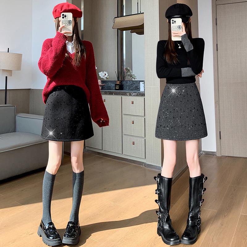 Women's High-Waist Sequined Wool A-line Skirt - Autumn/Winter