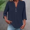 3/4 Sleeve Linen Tops For Women Loose Fit V Neck Button Down Shirts Cute Solid Summer Beach Tee Shirts