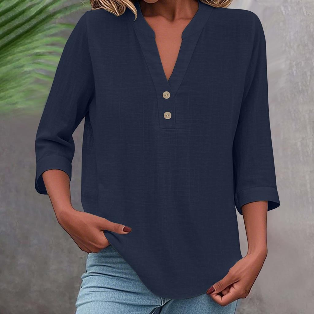 3/4 Sleeve Linen Tops For Women Loose Fit V Neck Button Down Shirts Cute Solid Summer Beach Tee Shirts