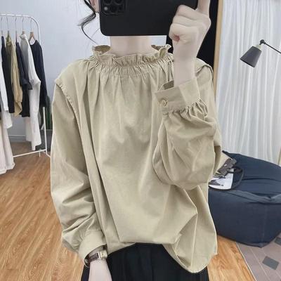 Women's Retro Cotton & Linen Long-Sleeve Shirt with Lotus Leaf Collar and Lantern Sleeves
