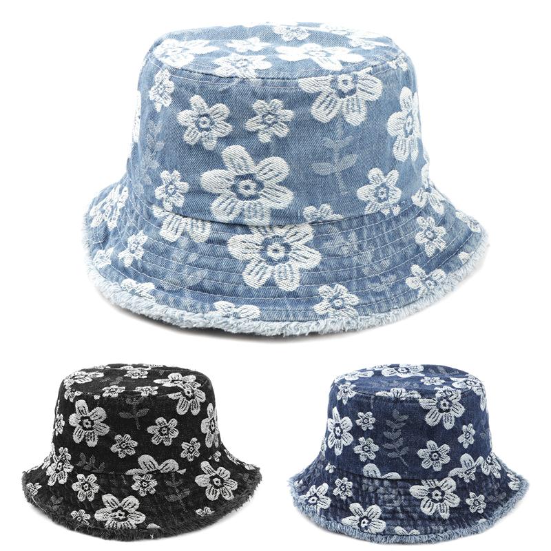 Spring And Summer Outdoor Embroidered Denim Fisherman Hat Retro Bucket Hat Sun Protection Hat