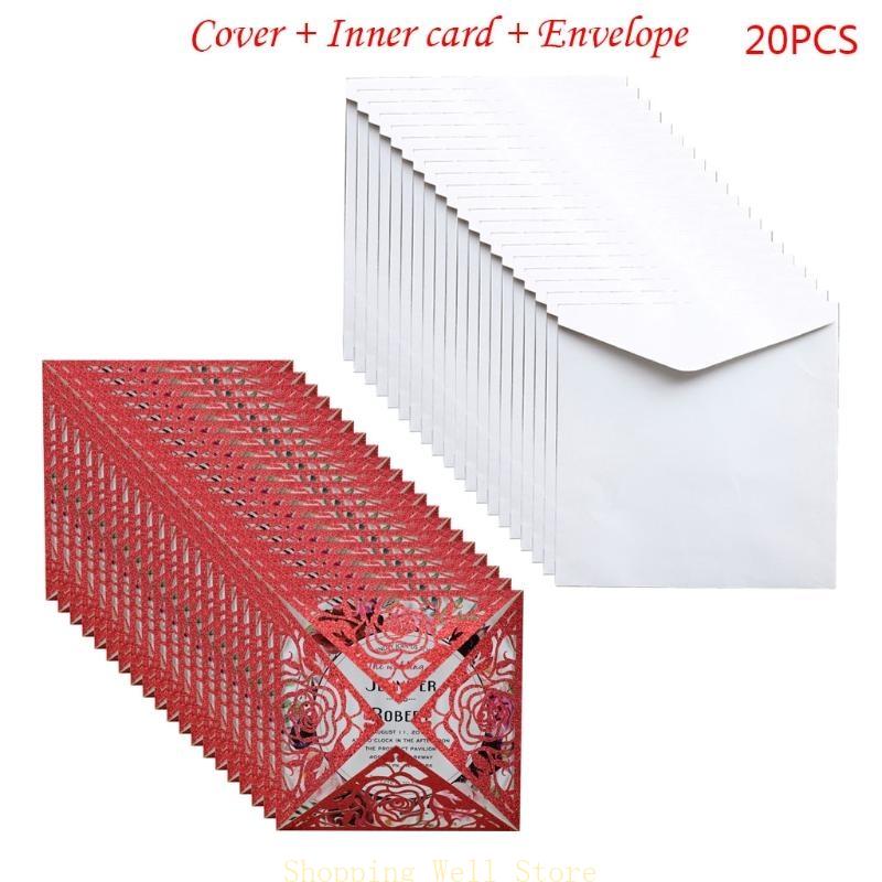 KX4B 20pcs/set Wedding Invitations Cards Glitter Rose Flower Greeting Card Invite Envelopes Bridal Shower Supplies