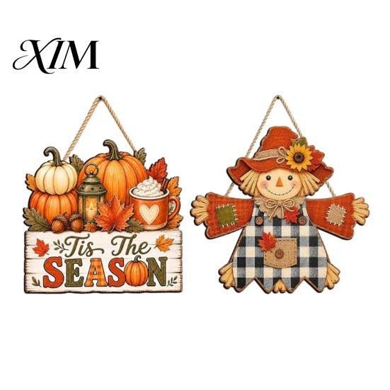 Front Door Welcome Sign Fall Wooden Hanging Sign, Autumn Scarecrow & Pumpkin Maple Leaf Festival Wood Hanger, Harvest Thanksgiving Decor, Farmhouse