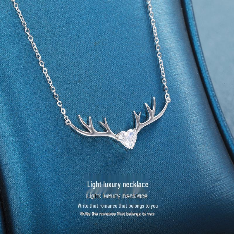 Korean Style S925 Sterling Silver Reindeer Antler Necklace - Cute Christmas Pendant Clavicle Chain