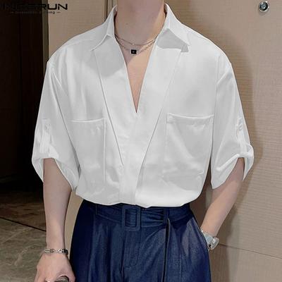 Men V Neck Half Sleeve Shirts Casual Loose Front Cross Tops