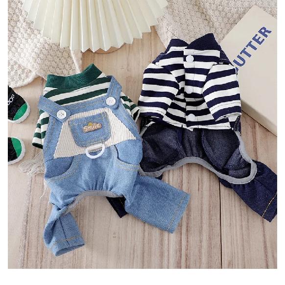 Pet clothes can lead dogs Classic striped denim overalls Autumn and winter models dog costume