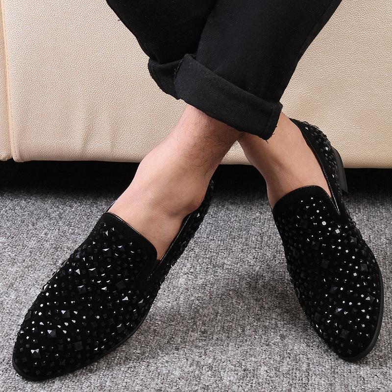 Dress Shoes for Men Luxury Pointed Toe Black Loafers Denim Metal Sequins Shoes Fashion High Quality Men Party Wedding Shoes New