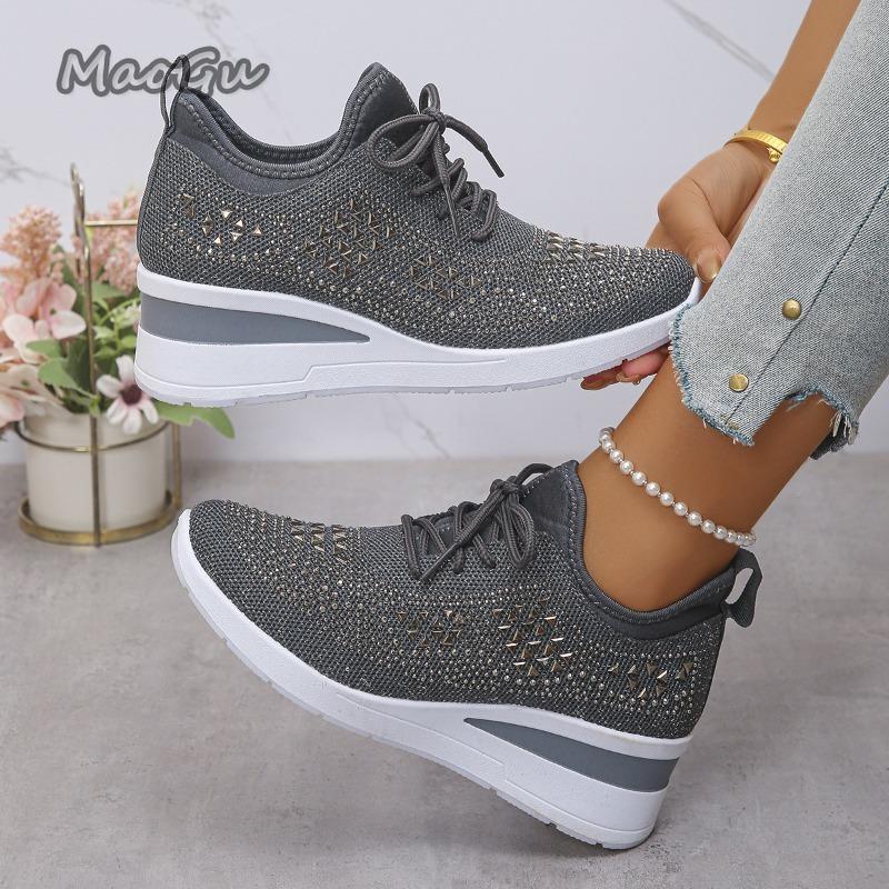 Women'S Shiny Rhinestone Wedge Sneakers Breathable Knit Non Slip Walking Shoes Lace Up 6Cm Heel  Size 36 43