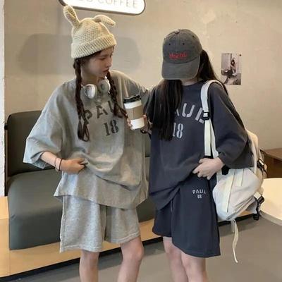 2 adet kadın yaz spor ve eğlence takım elbise büyük boy gevşek kısa kollu tişört + geniş bacak şort iki parçalı takım elbise tembel tarzı spor koşu takım elbise