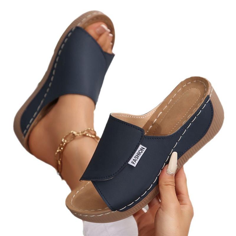 Large size muffin platform casual slippers women's shoes summer new simple and fashionable one-word fish mouth wedge slippers