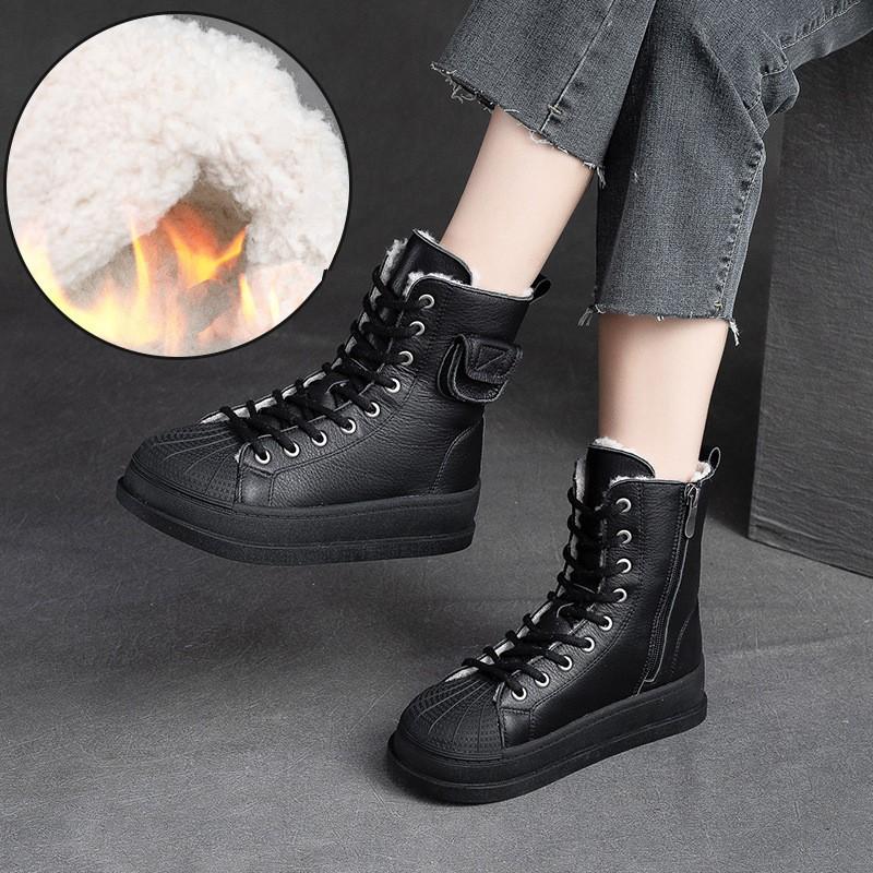 Johnature Winter Plüsch Warme Baumwollstiefel Echtes Leder Runde Zehen Dickbesohlte Kurze Damenstiefel