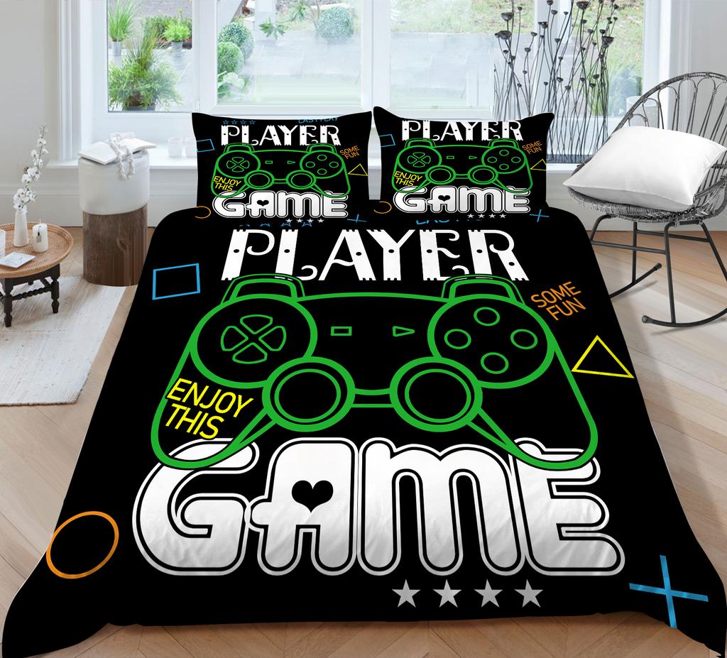 3D Bedding Single Double Bed Game Machine Printed Pillowcase and Quilt Cover 2/3 Pieces for Boys and Men Game Lovers Comfortable Household Bedding