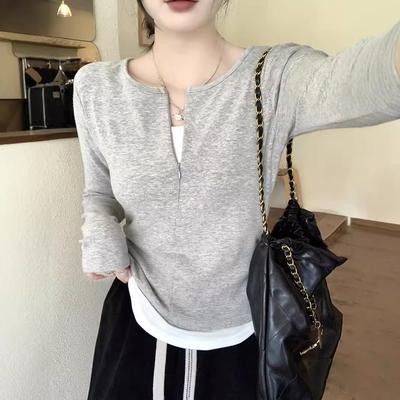 Zippered Fake Two-piece Long-sleeved T-shirt for Women's Spring New Slim Fit Pleated Inner Bottoming Shirt Niche Top