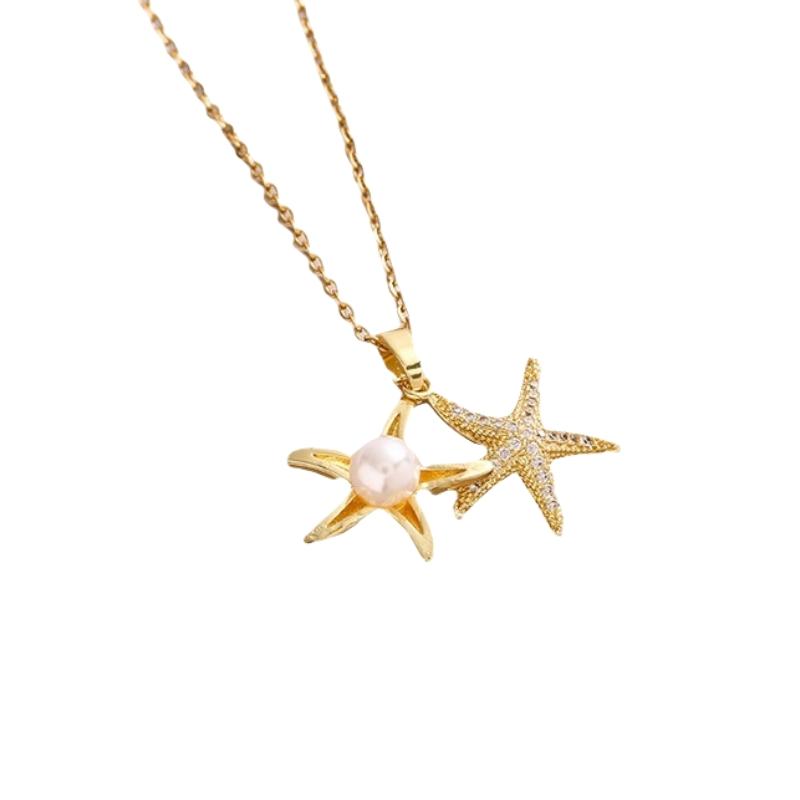 1pcs copper micro Set zirconia starfish imitation pearl necklace female senior sense of light luxury collarbone chain jewelry