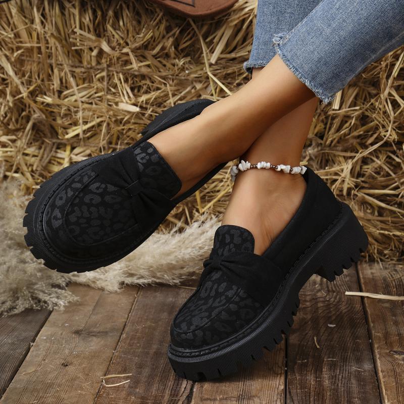 Fashion Fashion Leopard Suede Loafers Women 2025 Autumn Round Toe Medium Heel Slip On Pumps Comfort Soft Sole Wedge Heel Office Pumps