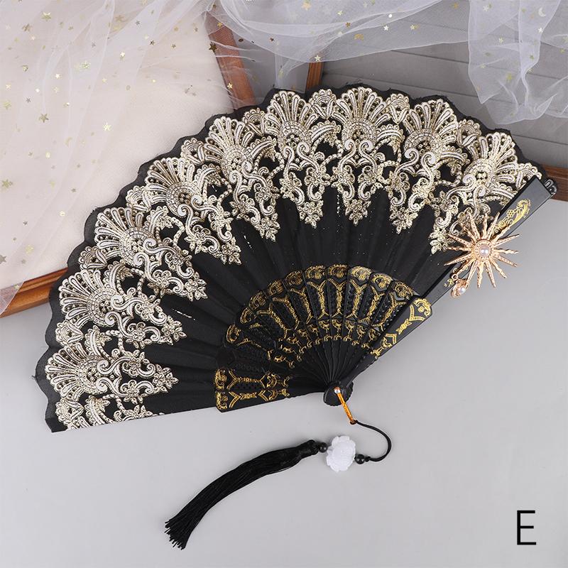 Ladies Lace Hand Fan Black White Cloth Folding Fans With Tassels Ancient-Style Dance Folding Hand Fan For Wedding Party Favor
