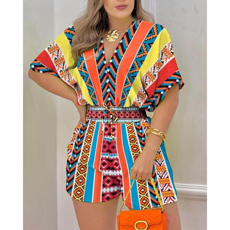 Women's Fashionable Casual Summer/ Spring Color-blocked Print Short-sleeved V-neck High-waist Long Pants One-piece Suit