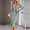 Women's V Neck Casual Knitted Dress Long Sleeve Lace Up Solid Color Winter Autumn Strap