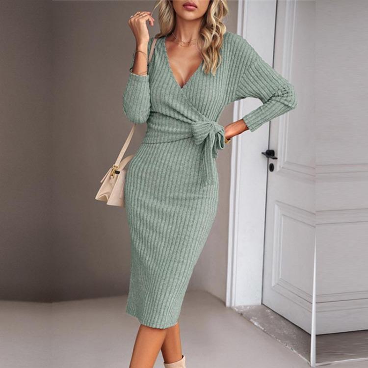 Women's V Neck Casual Knitted Dress Long Sleeve Lace Up Solid Color Winter Autumn Strap