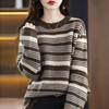 Elegant Round-neck Knitted Sweater for Women Contrasting Color Striped Sweater for Women Loose Long-sleeved Pullover for Autumn and Winter