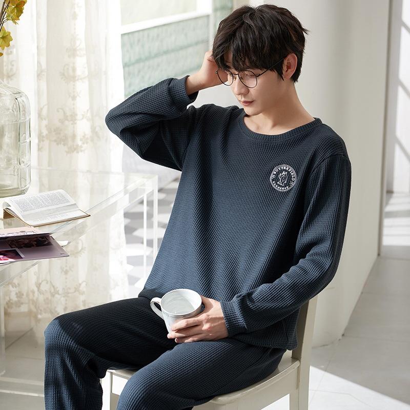 Cotton Nightwear for Men 2 Pieces Set Pajamas Spring Long Sleeves Sleeping Tops Trousers Sleepwear