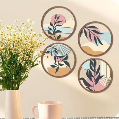 4 Pcs Boho Wall Art Round Bohemian Sunset Wooden Minimalist Poster for Farmhouse Abstract Plant Hollow Out Wall Hanging Decor for Living Room Bedroom