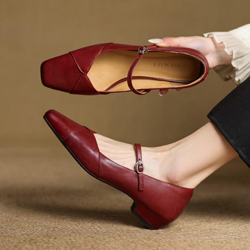 New Comfortable Beef Tendon Small Leather Shoes Low Heel One Pedal Four Seasons Wear Fashion Single Shoes Leather Large Size Shoes Flat Heel Square 