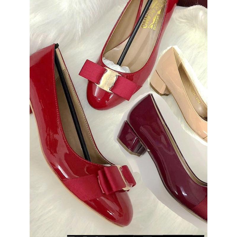 Patent leather leather single shoes bow flat bottom round head shallow mouth new red wedding shoes versatile thick heel medium heel women's shoes
