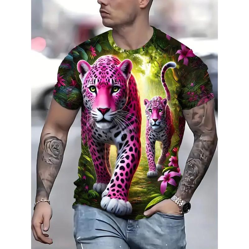 Men's Leopard Print T-shirt Sports Short Sleeved Crew Neck T-shirt for Summer Outdoor Fitness Workout Men's Clothing