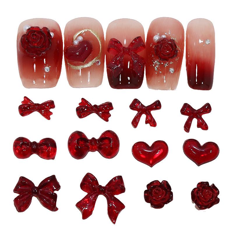 New Year Red Bow Nail Art Charms: Camellia, Heart, Bowknot Resin Press-on Decorations