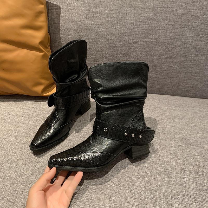 Retro Western Cowboy Boots Women's Brown Pointed Heel Belt Buckle Pile Boots Skinny Short Boots Premium Boots
