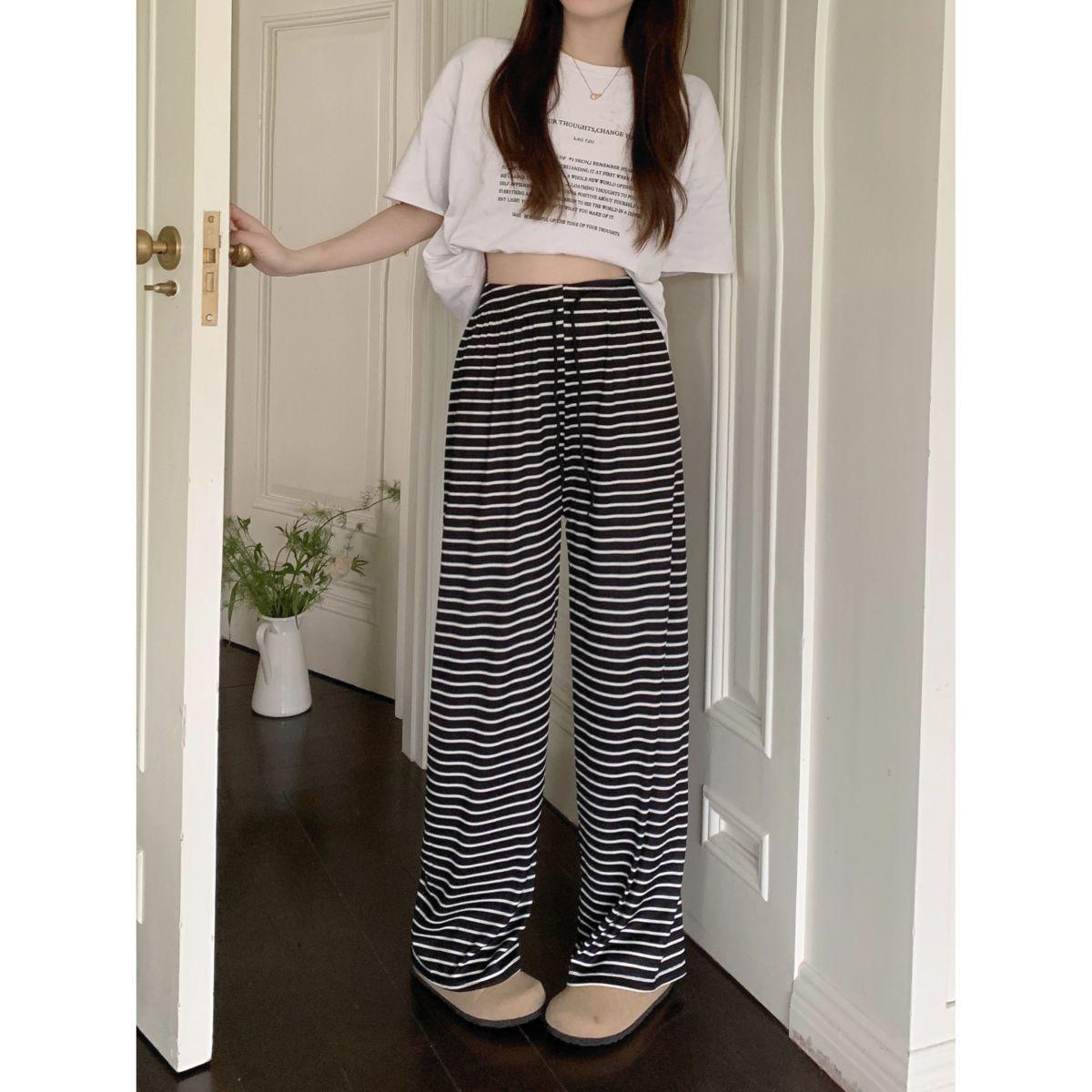 

High-Waisted Wide-Leg Striped Drawstring Pants for Women - Lightweight, Casual, Floor-Length Summer Wear Small
