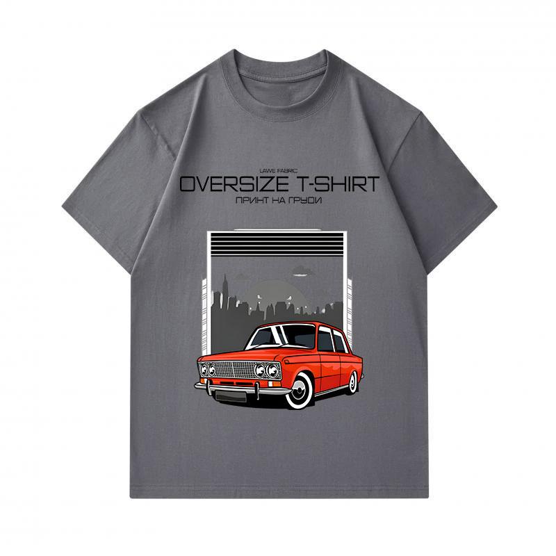 Men's 100% Cotton Crew Neck Short Sleeve T-Shirt, Retro Red Classic Car Urban City Sunset Print Casual Oversized Comfortable Summer Tee For Street Dai