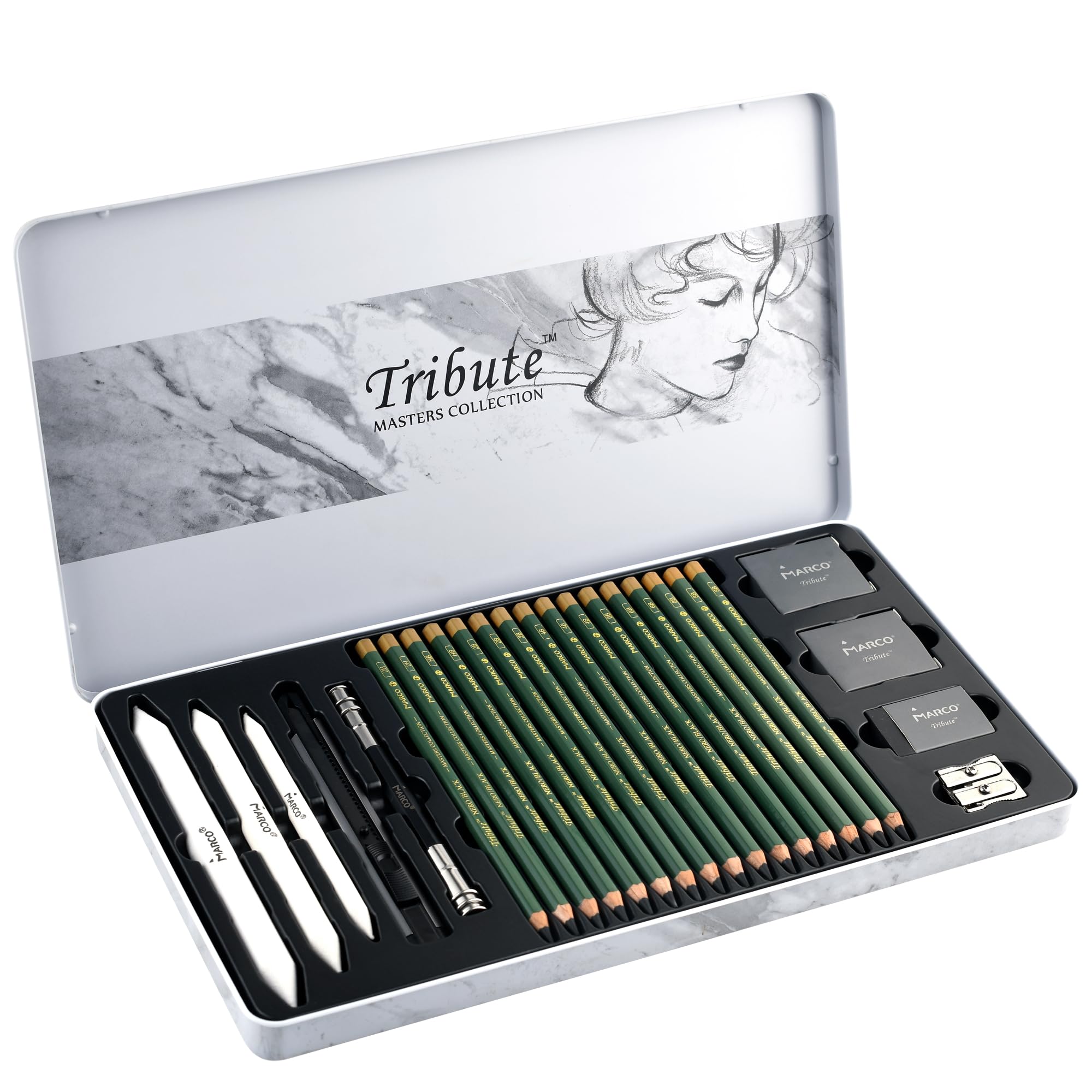 

Набор карандашей для эскизов Marco 25 Профессиональный 16 Карандашей для рисования с угольным черным грифелем Толстые и глубоко черные 3 Для штриховки бумаги 2 Пластиковых и 1 Обычная точилка с 2 отверстиями чёрный