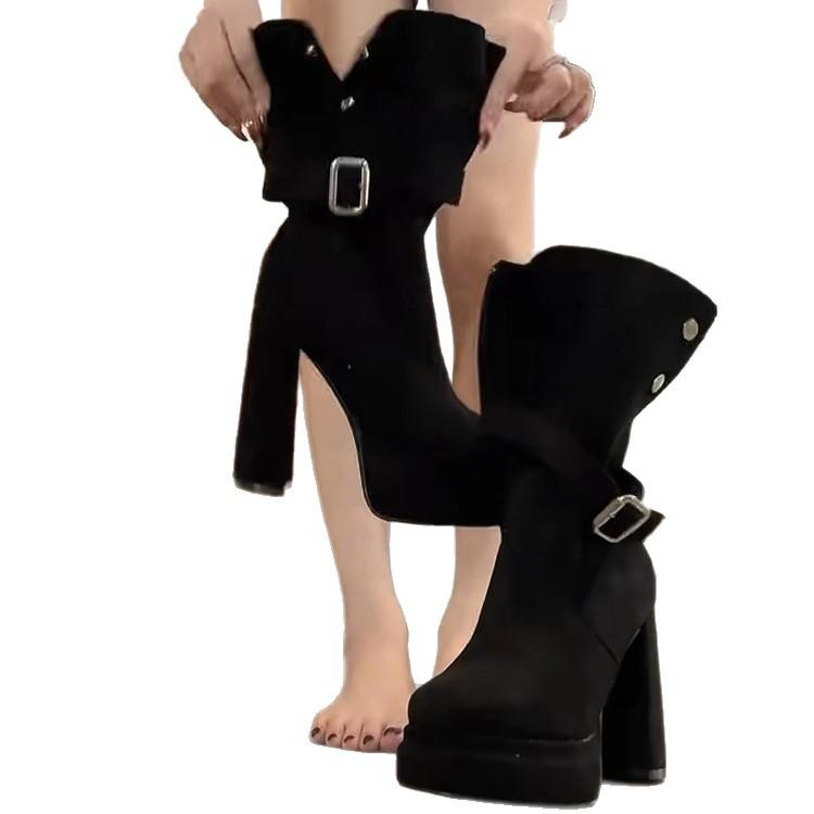 11Cm with waterproof table short boots women's round head thick heel thick sole apricot elastic thin medium tube single boots black