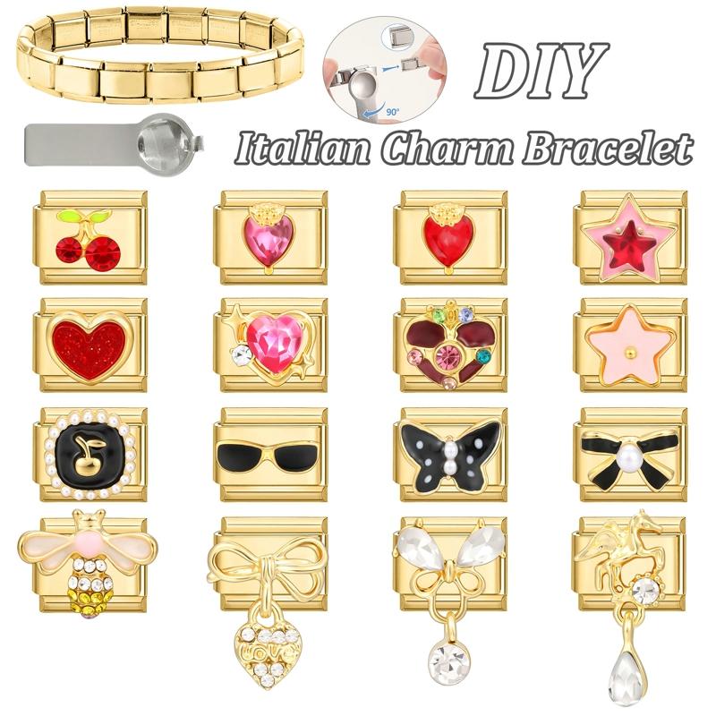 Vintage Zircon Cherry Heart Butterfly Star Bee Golden Italian Charm Links Fit 9mm Stainless Steel Bracelet Women DIY Making Gift