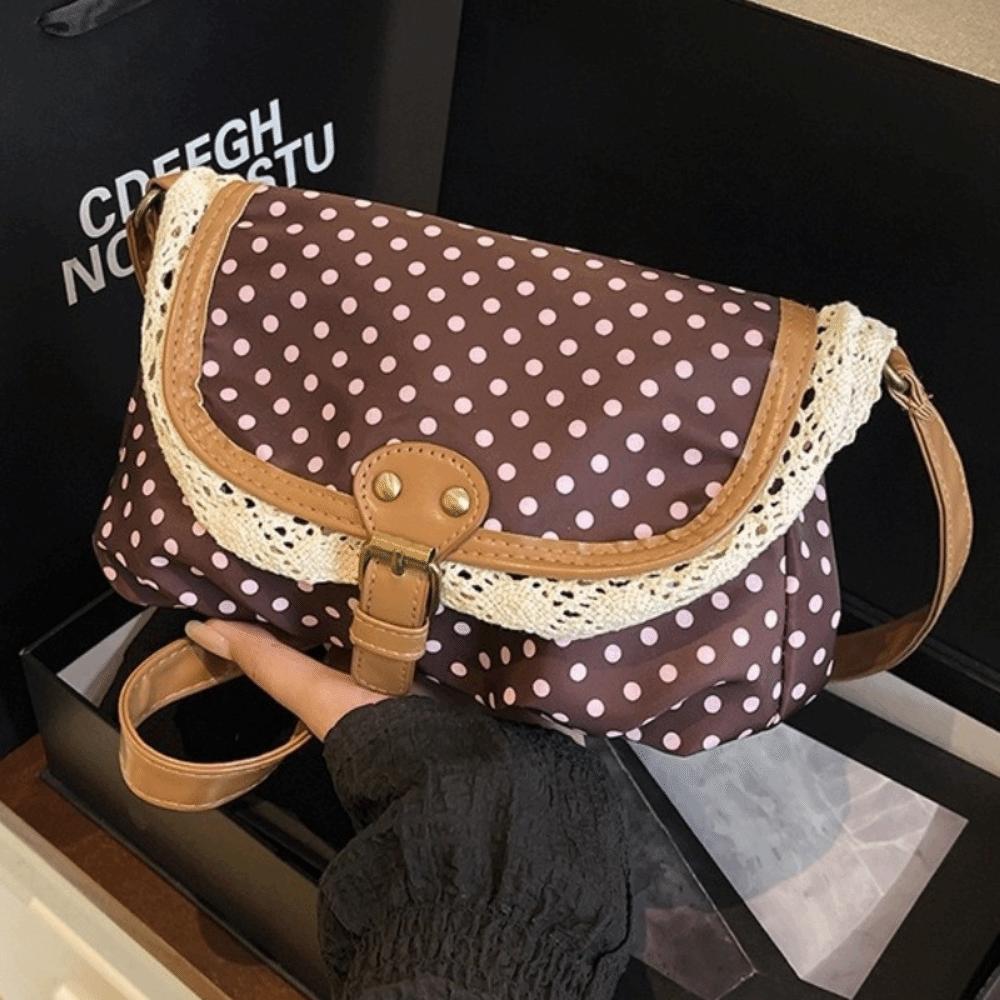 Sweet Lace Ladies Flap Crossbody Bag Polka Dots Vintage Canvas Sling Bag Daily Use