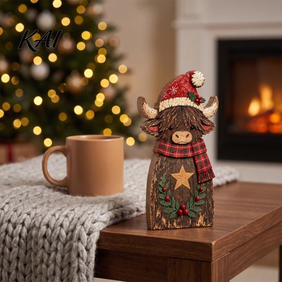 Farmhouse Holiday Gift Highland Cow Wooden Table Sign, Rustic Tiered Tray Centerpiece, 2D Flat Vintage Christmas Party Decor Tabletop Ornament