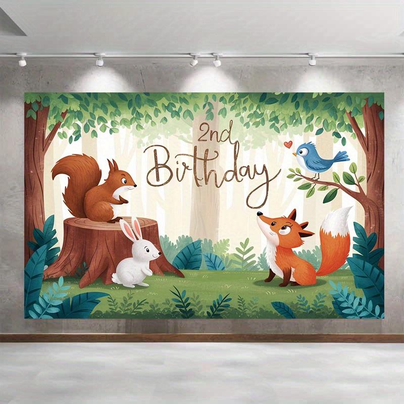 Forest 2nd Birthday Party Banner, Squirrel Rabbit Fox Polyester Backdrop for Room Wall