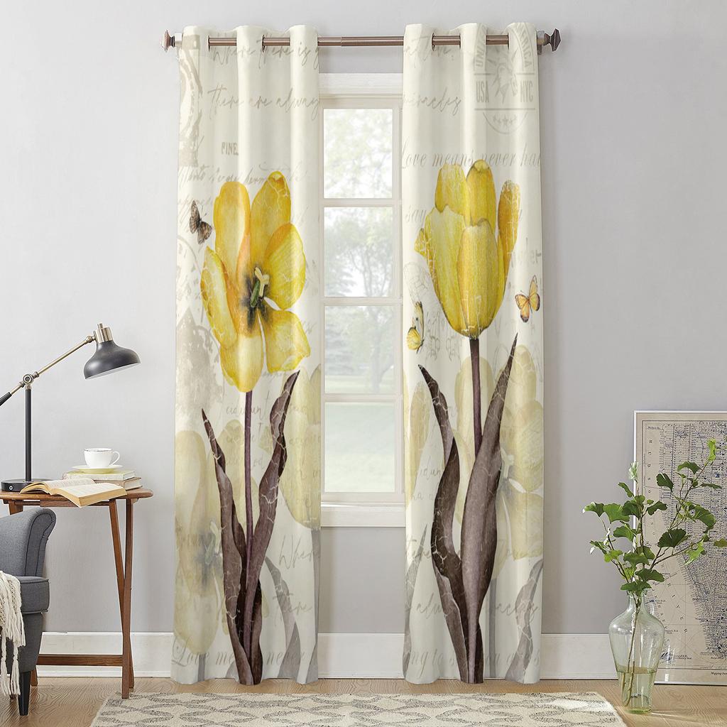 Vintage Flowers Butterflies Yellow Tulips Modern Window Curtains for Living Room Bedroom Curtain Kitchen Treatment Blinds Drapes