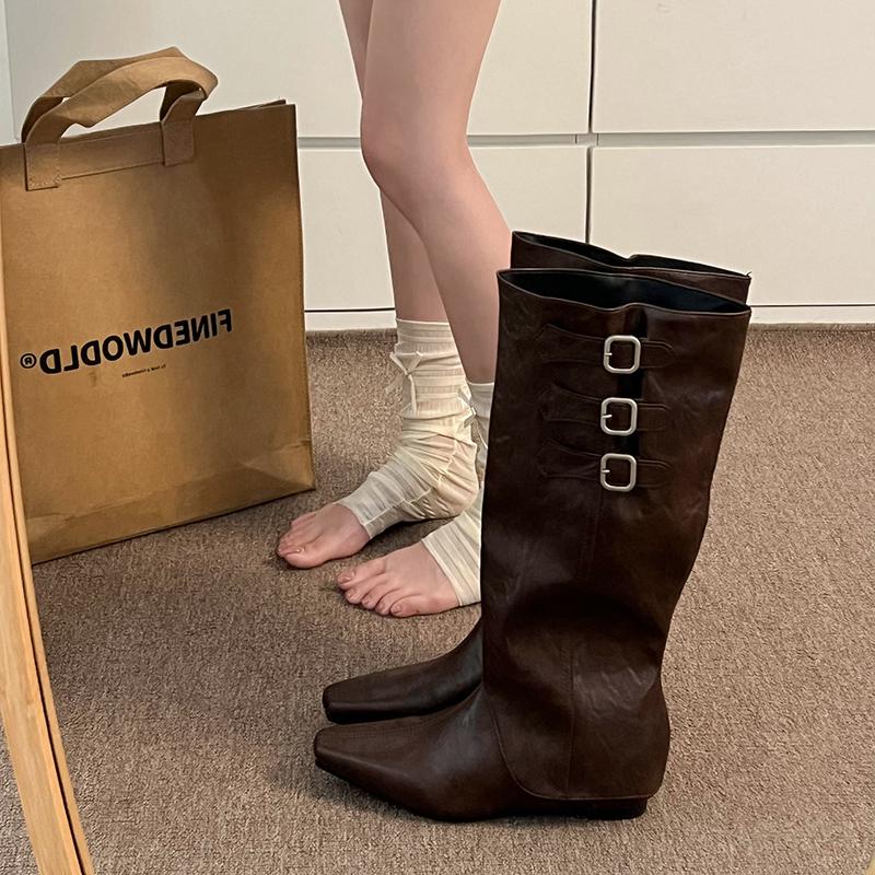 Cosy Soft Leather Women Knight Long Boots Fashion Button Combination Splicing Female Western Cowboy Booties