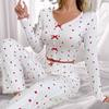 V-Neck Heart Print Long-Sleeve Pajama Set for Women - Wearable Outdoors