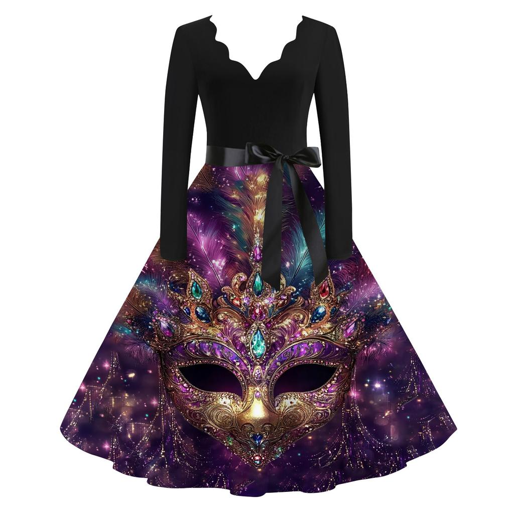 Women's Casual Fashion V-Neck Long Sleeve Carnival Print Vintage  Dress