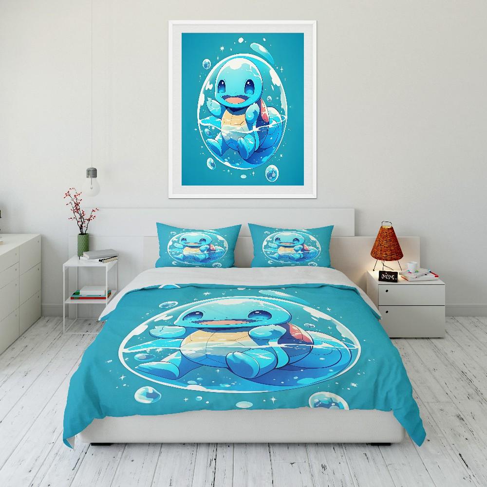Gift for Anime Fans Pokemon Squirtle Printed Bedding Set 3PC Duvet Cover Adult Kids Gift Full Size Bedding Set Home Bed Decor